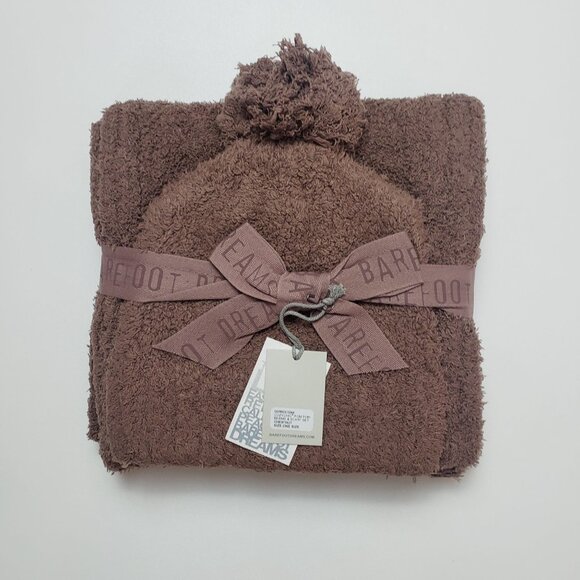 Barefoot Dreams CozyChic Pom Pom Beanie & Scarf Set Chestnut OS Warm Winter Wear - Picture 6 of 12